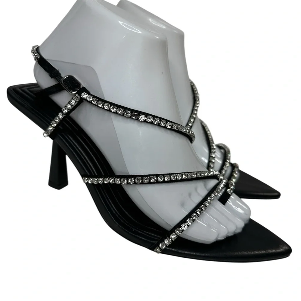 BCBGeneration Ilta Rhinestone Embellished Strap Black Heels Sandals. 7.5